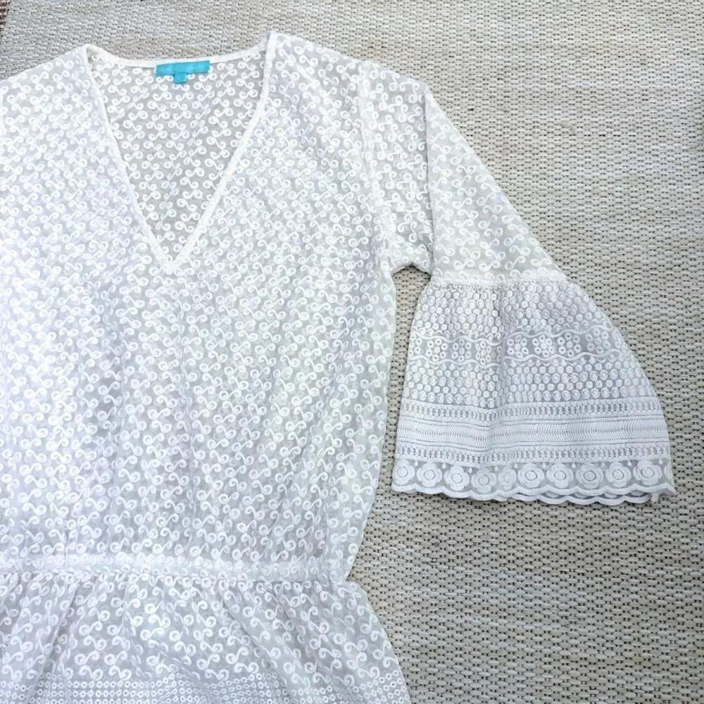 Melissa Odabash White Eyelet Bell Sleeve Beach Cover Up Kaftan V-Neck Size L